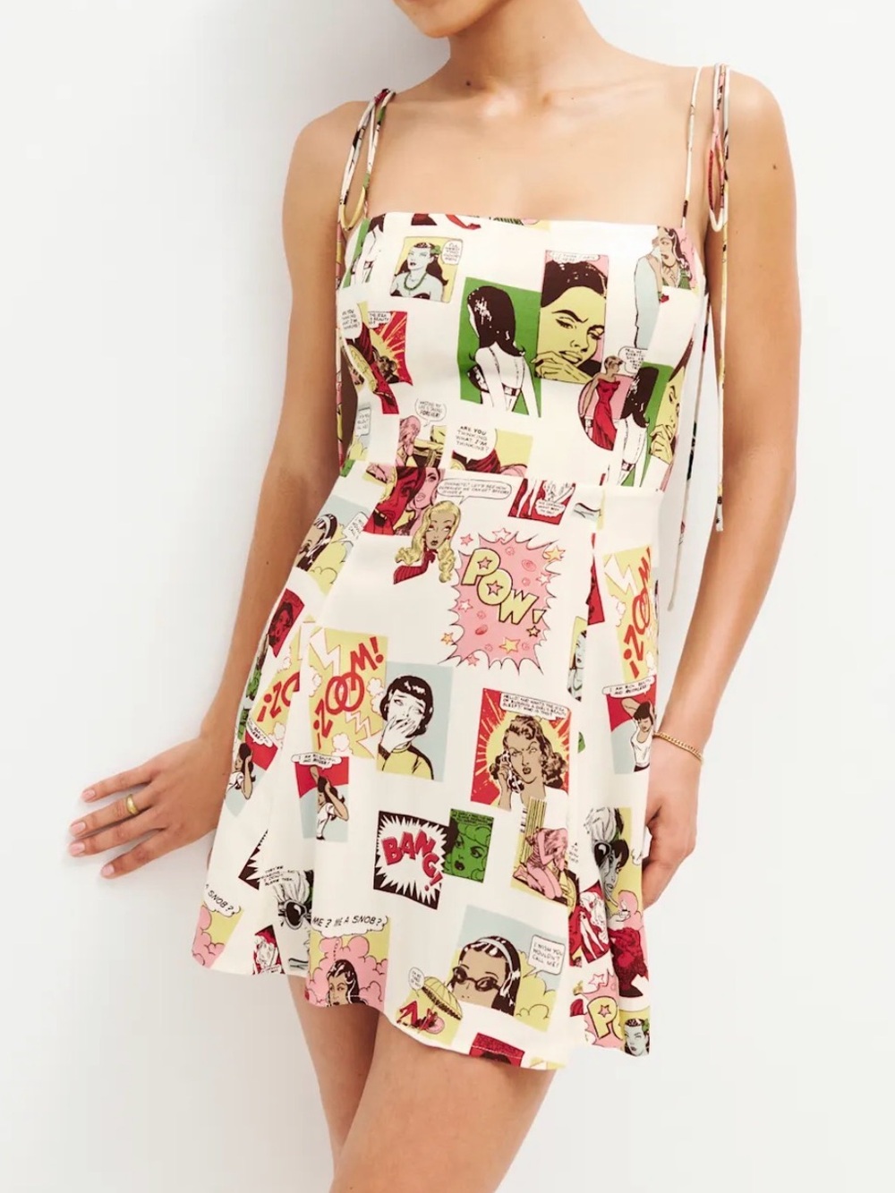 NWT Reformation Presley Mini Dress in Comic Book Print Adjustable Shoulder Ties